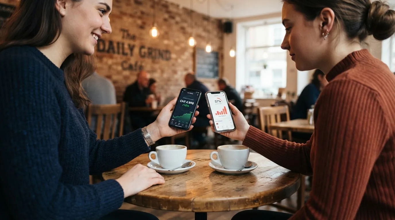 Zwei Freunde vergleichen an einem Cafétisch etwas auf ihren Smartphones, Tassen mit Kaffee stehen daneben.