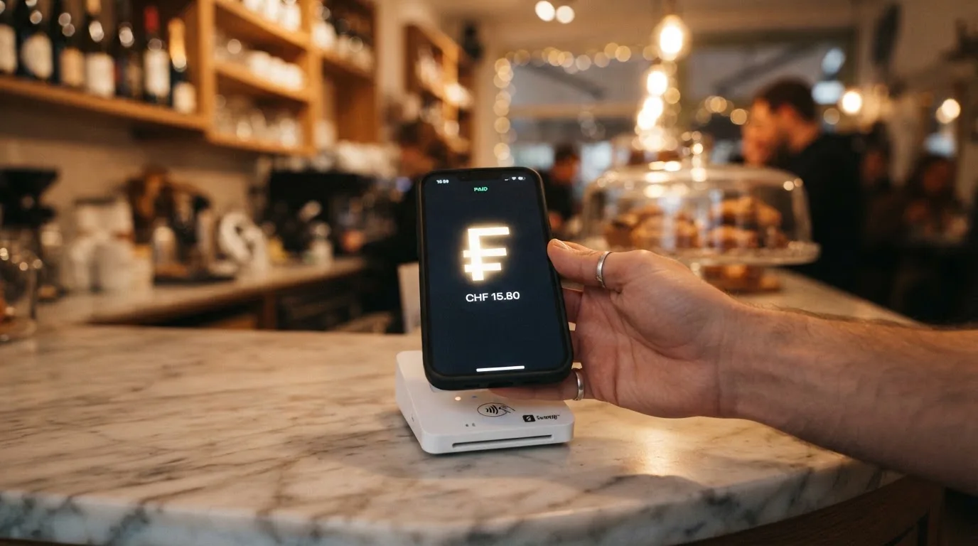Nahaufnahme einer Hand, die eine Karte über ein kontaktloses Terminal in einem Café hält.