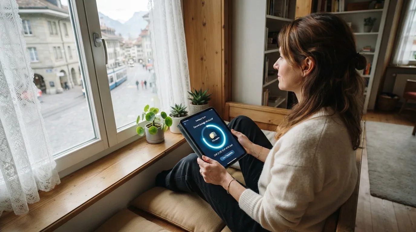 Frau sitzt mit einem Tablet auf einer Fensterbank, Blick nach draussen auf eine ruhige Strasse.