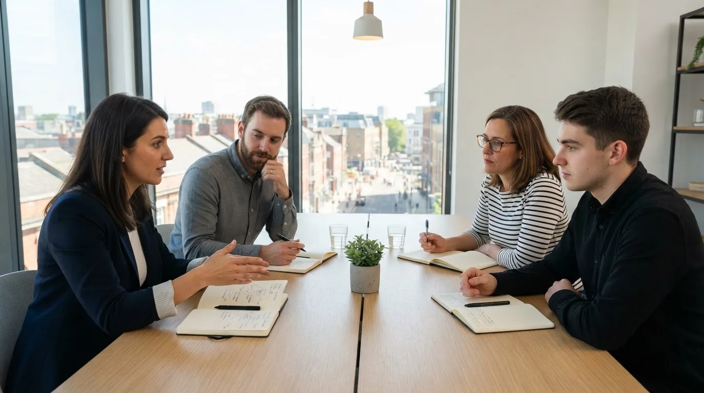 Gruppe von Kollegen sitzt an einem Besprechungstisch mit Notizbüchern, grosse Fenster im Hintergrund.