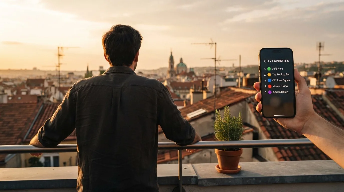 Person steht auf einem Balkon und tippt auf ihr Smartphone, Blick über eine Dachterrasse am späten Nachmittag.