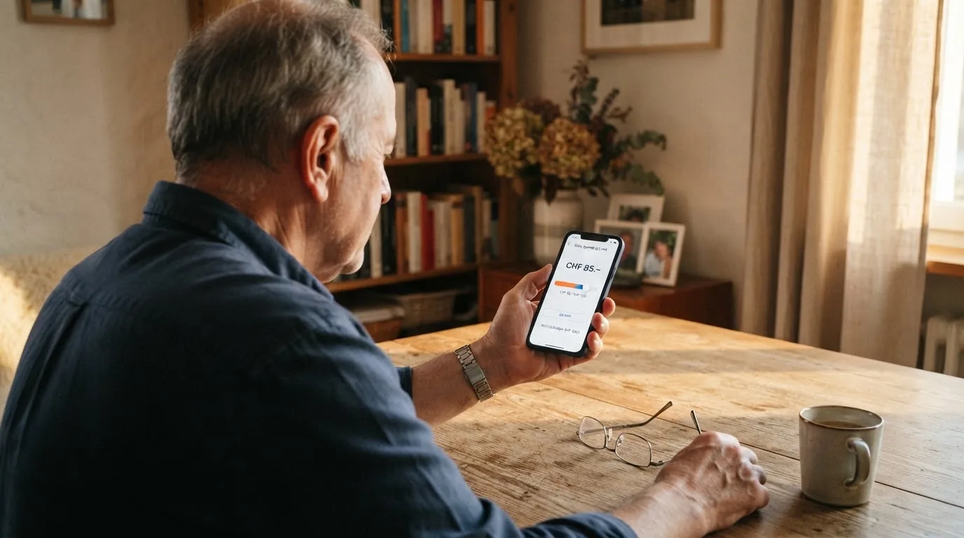 Älterer Mann sitzt am Wohnzimmertisch und liest konzentriert auf seinem Smartphone, Nachmittagslicht durch die Vorhänge.